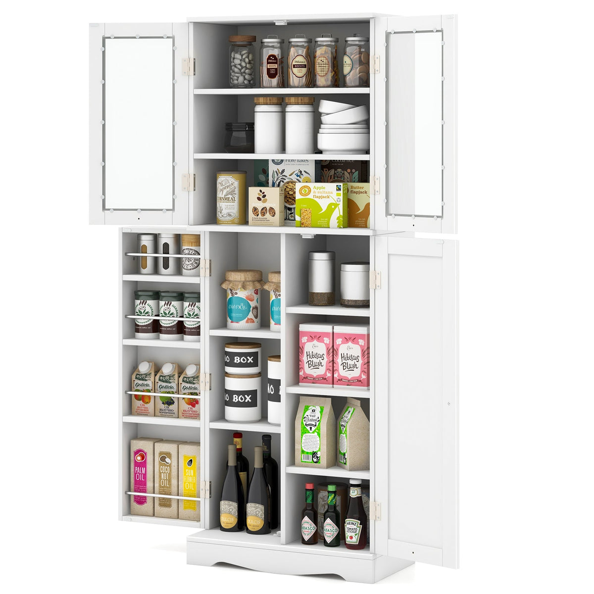 Tall Kitchen Pantry Cabinet with Dual Tempered Glass Doors and Shelves