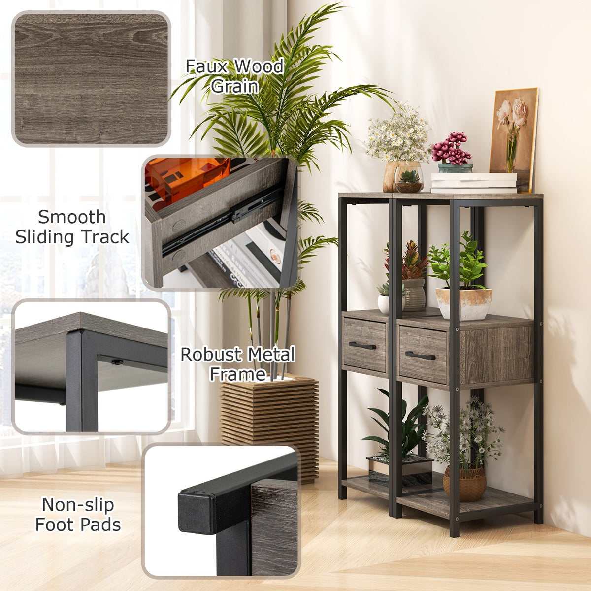 3 Tier Tall Metal Plant Stand with Drawer for Balcony Office-Gray DirectDeals