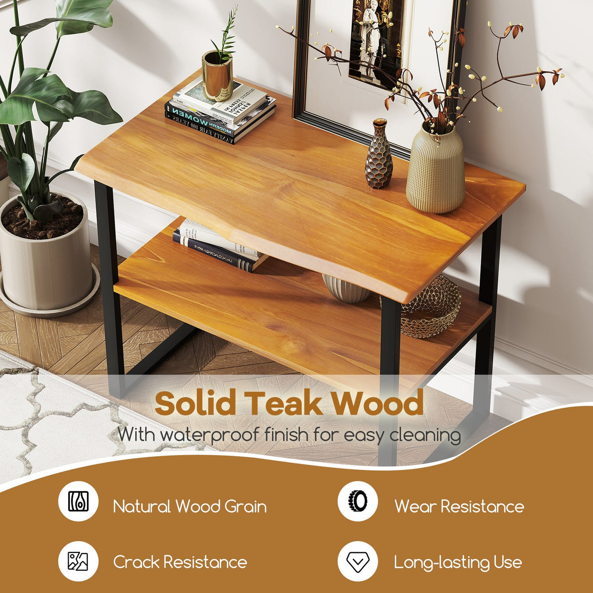 2-Tier Teak Wood End Table Sofa Side for Living Room Hallway Laundry