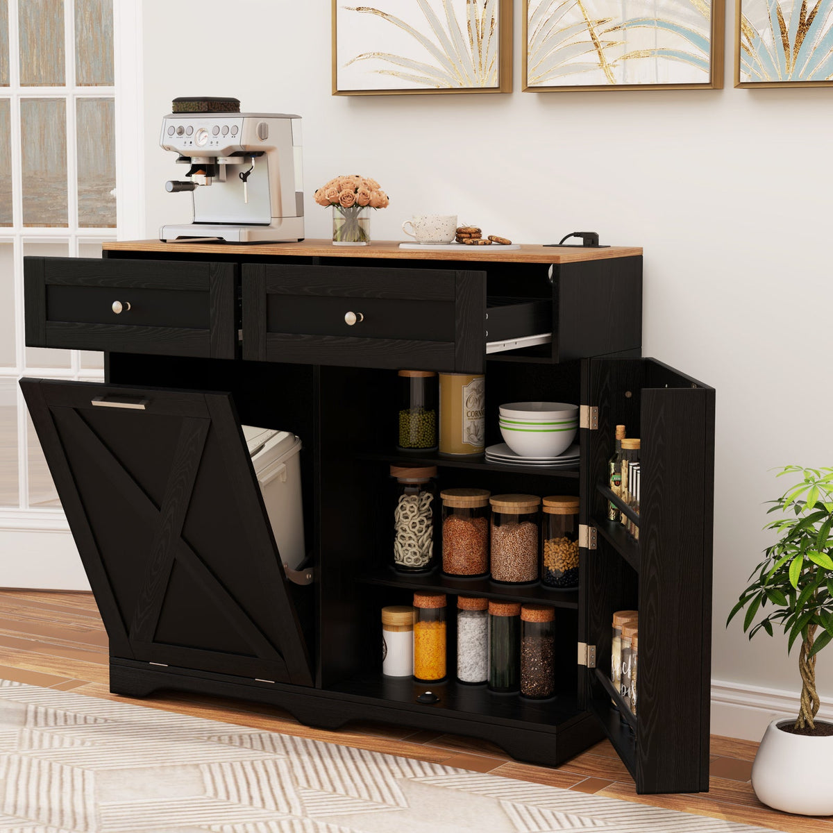 Tilt Out Trash Can Cabinet with Outlets and Adjustable Shelf