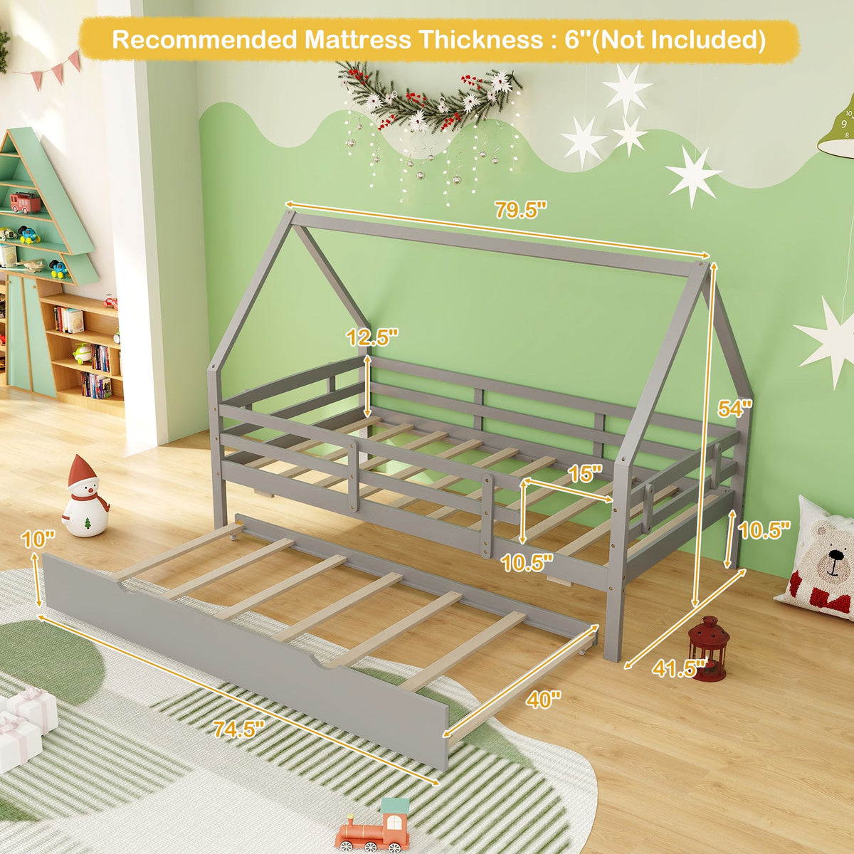 Twin House Bed with Trundle and Fence Rail