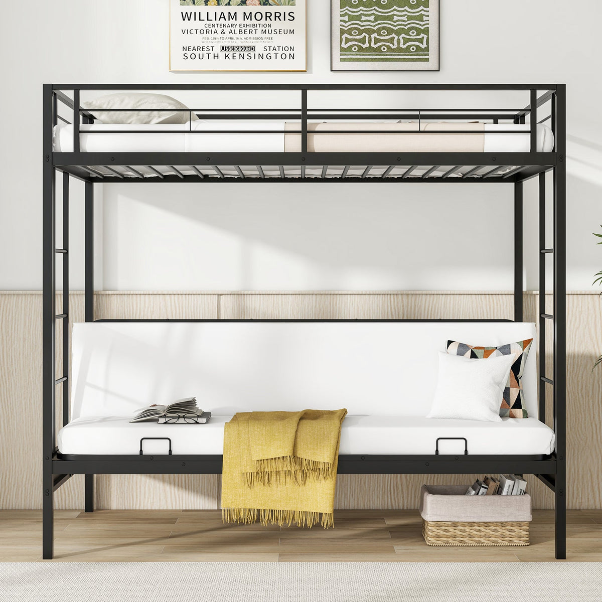 Twin Over Futon Bunk Bed with 2 Ladders and Safety Guardrails-Black
