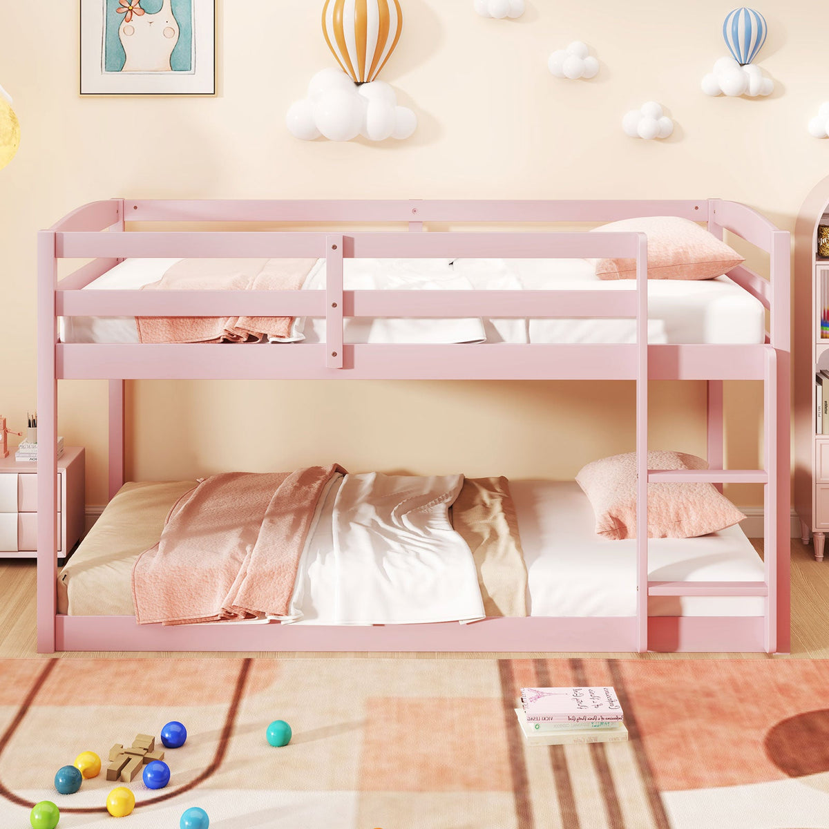 Twin Size Bunk Bed with High Guardrails and Integrated Ladder-Pink