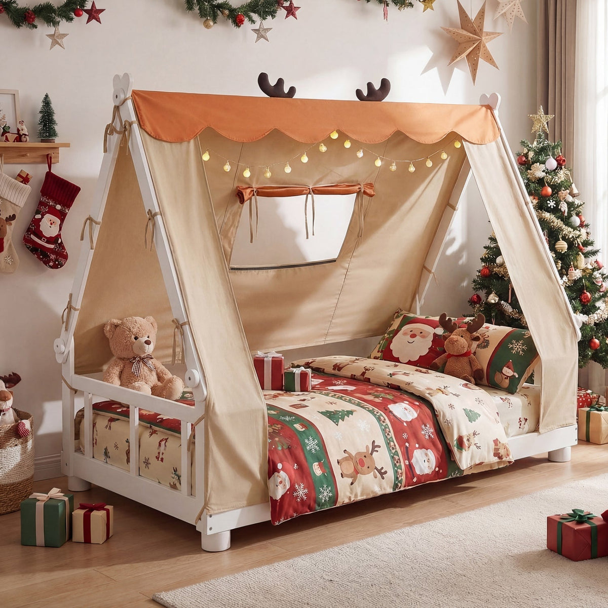 Twin Size House Floor Wood Bed with Tent GBruno Store