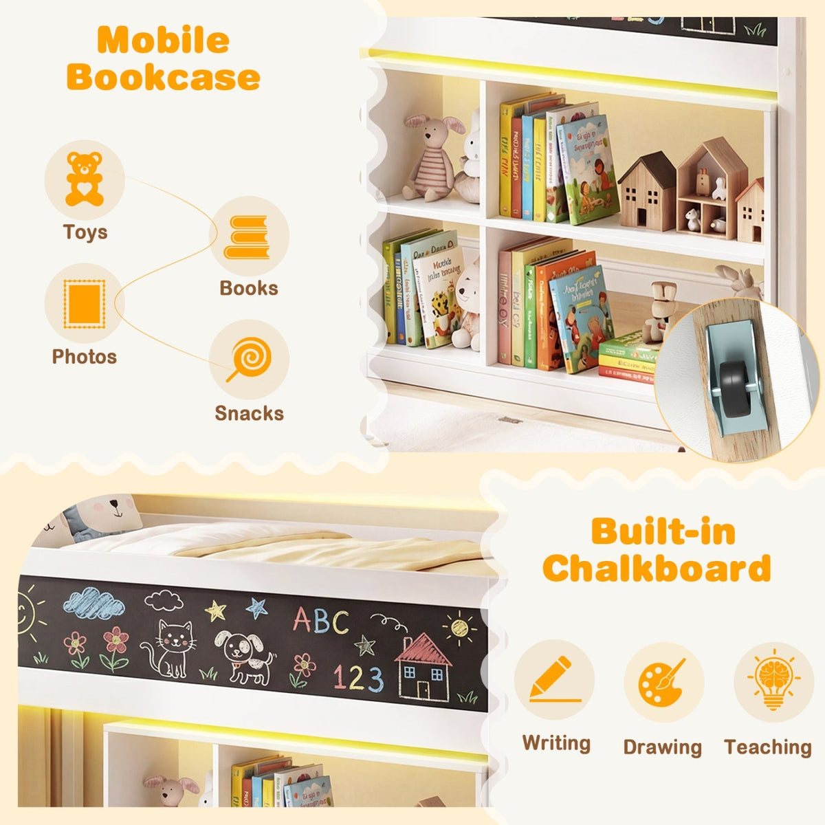 Twin Size Kids Loft Bed with LED Lights and Removable Bookcase GBruno Store