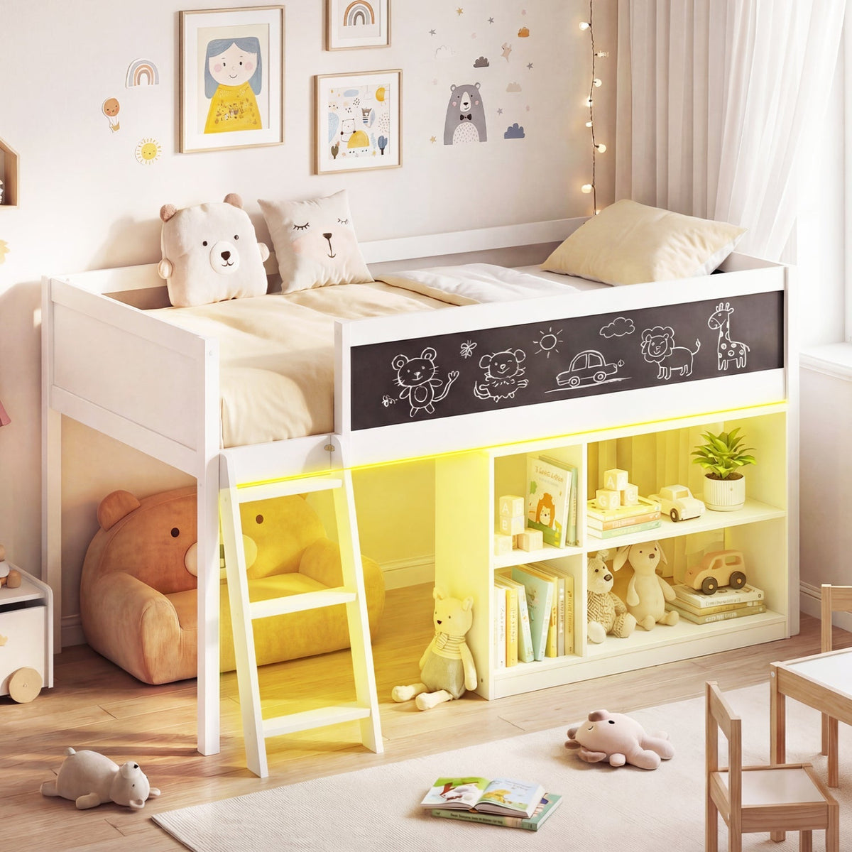 Twin Size Kids Loft Bed with LED Lights and Removable Bookcase GBruno Store