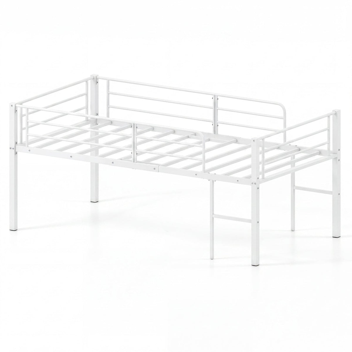 Twin Low Loft Bed with Safety Guardrails and 2 Ladders
