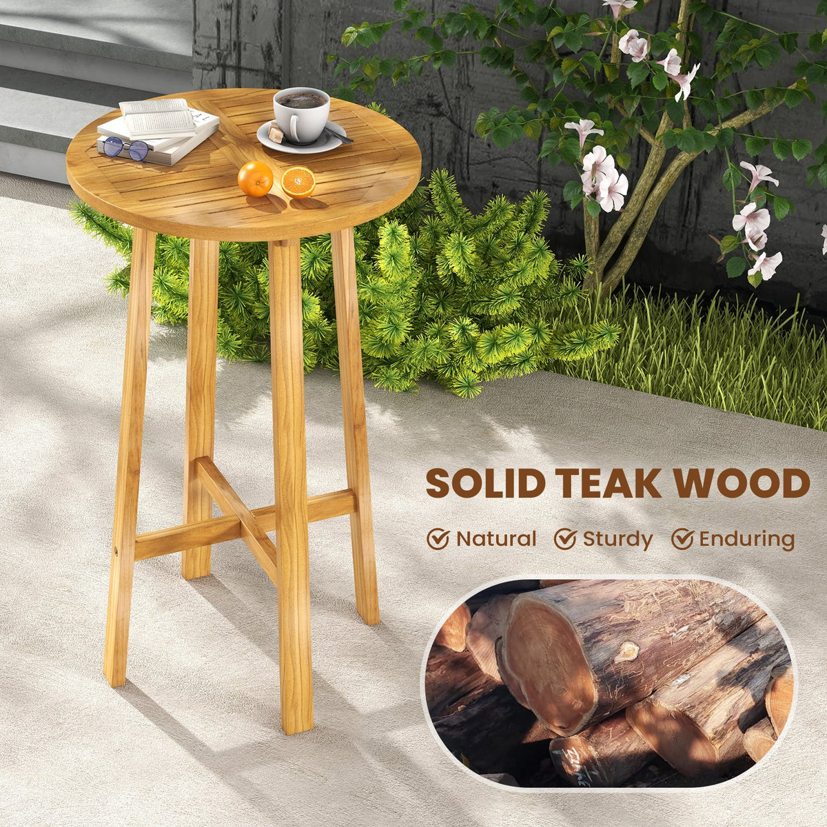 24 Inch Teak Wood Round Bar Table with Footrest for Indoors Outdoors