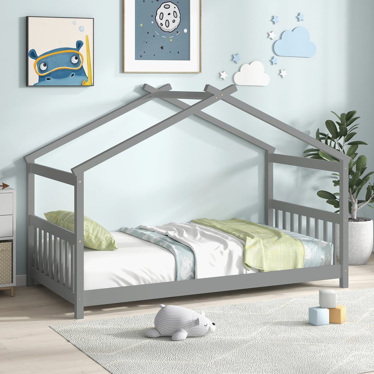 Twin Size Wooden House Bed with Roof
