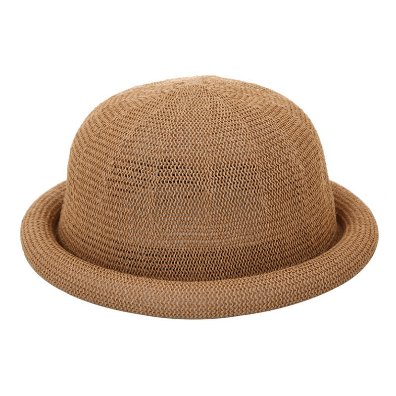 Women's Straw Yarn Curled Brim Round Crown Top Hat Leisure Basin Hat