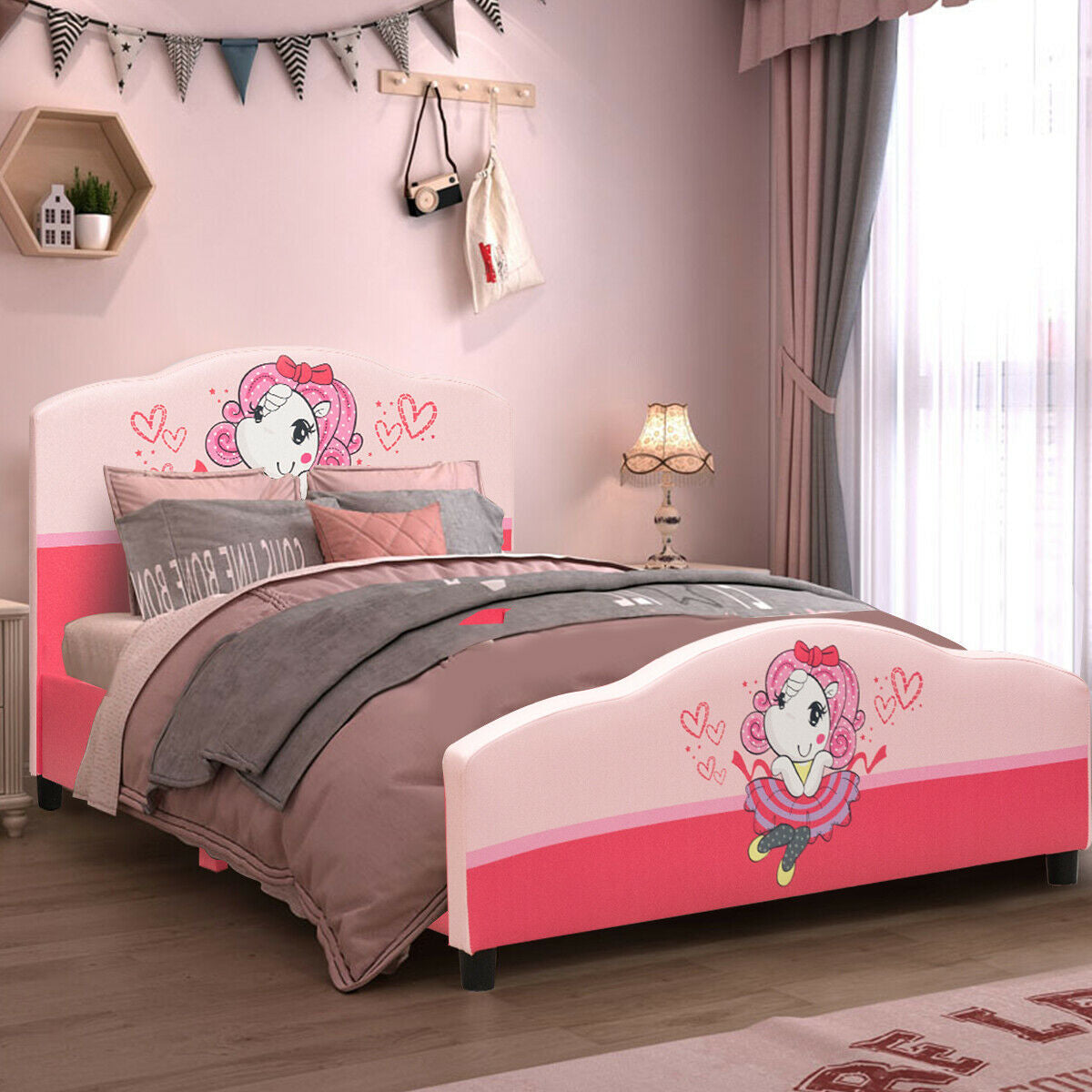 Kids Children Upholstered Platform Toddler Girl Pattern Bed GBruno Store