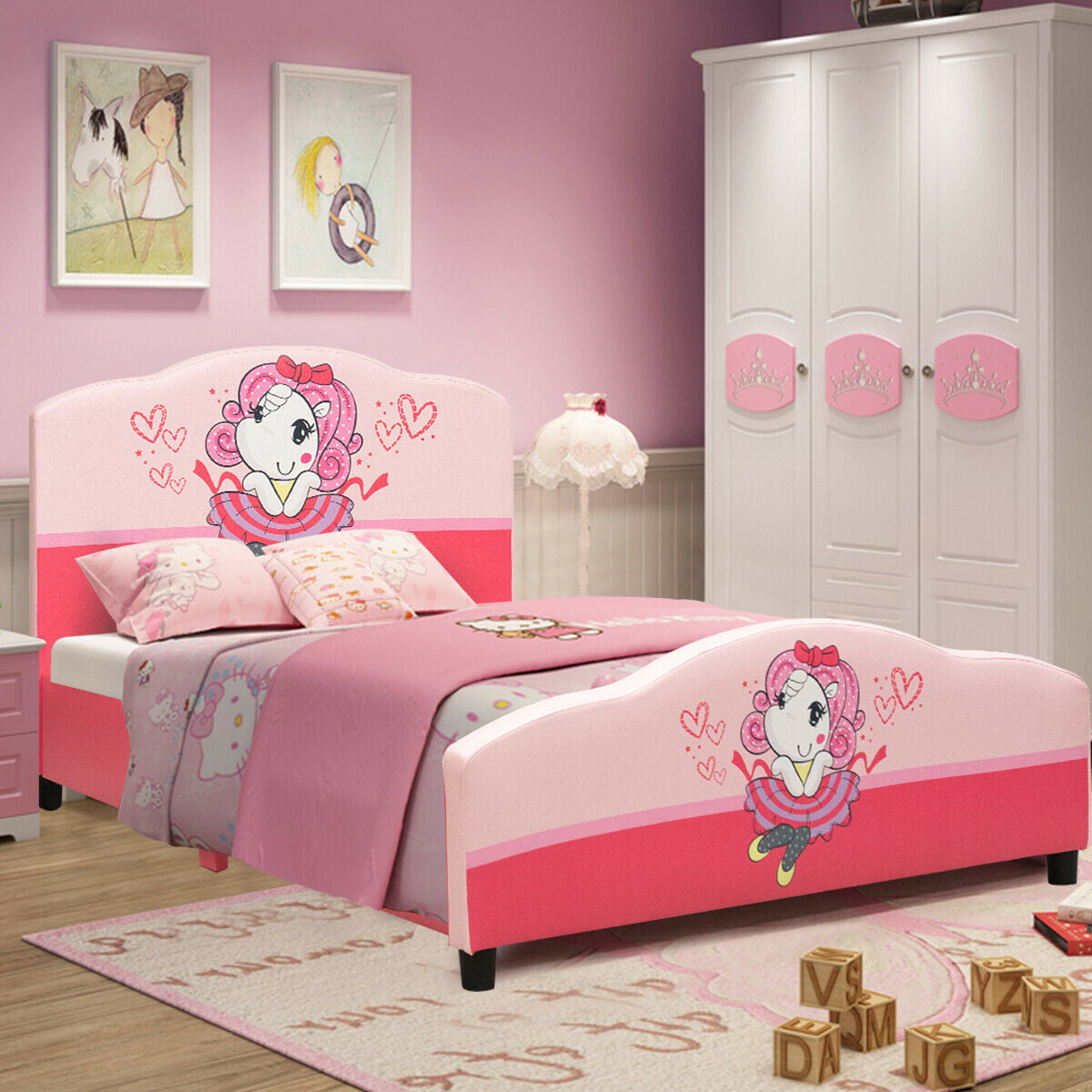 Kids Children Upholstered Platform Toddler Girl Pattern Bed GBruno Store