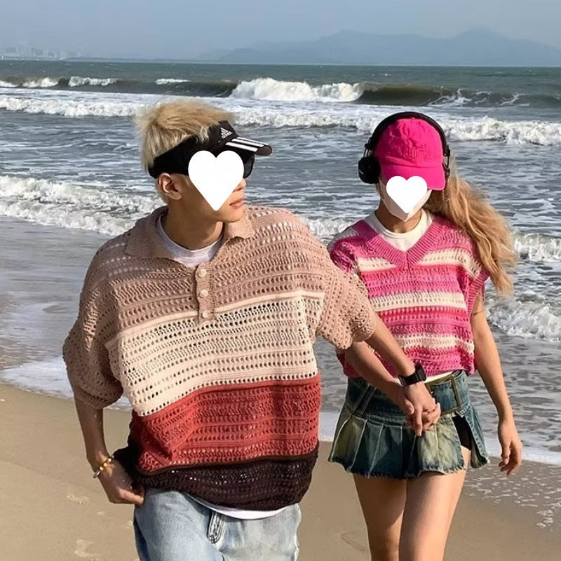 Retro Striped Lapel Knitted Summer Couple's Shirt