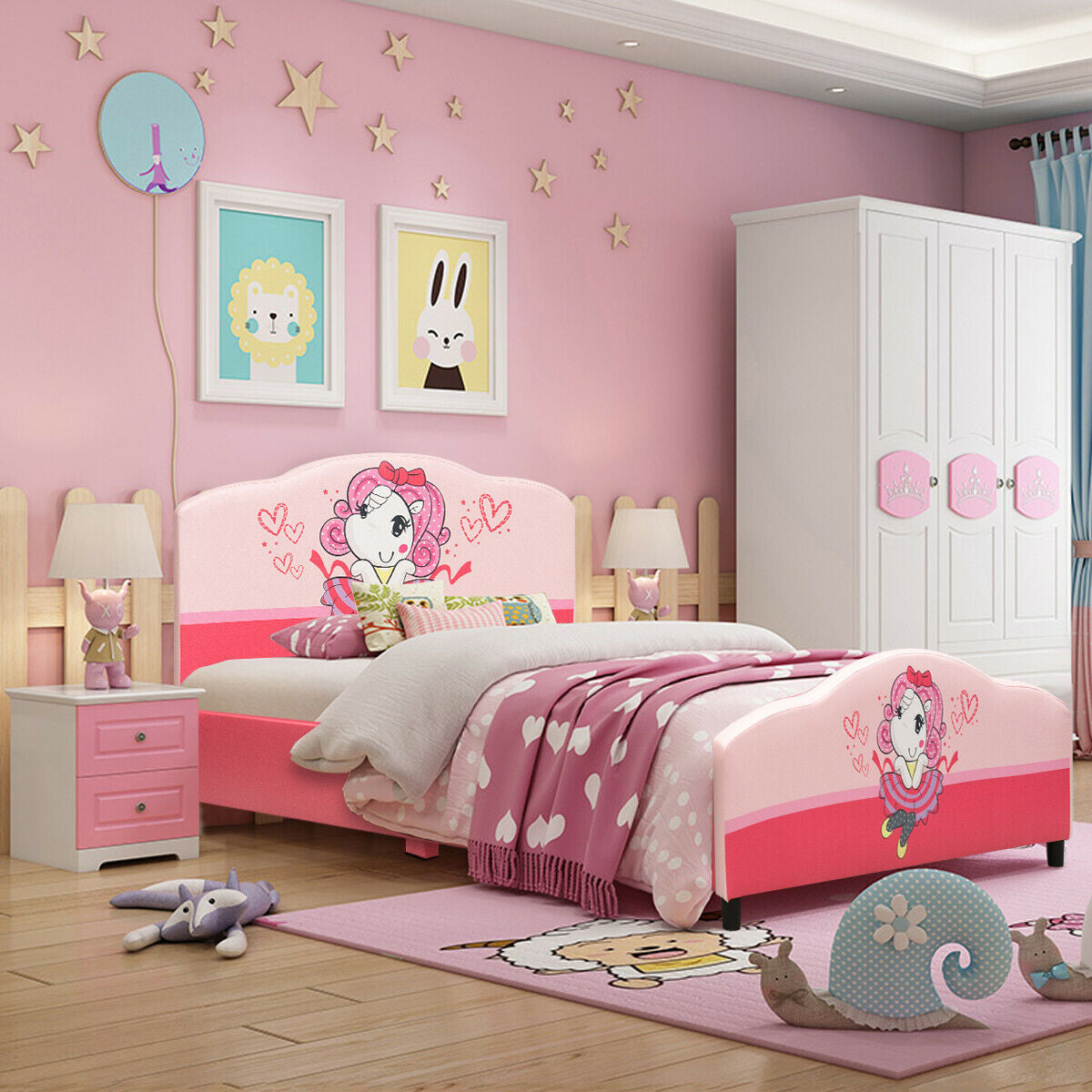 Kids Children Upholstered Platform Toddler Girl Pattern Bed GBruno Store