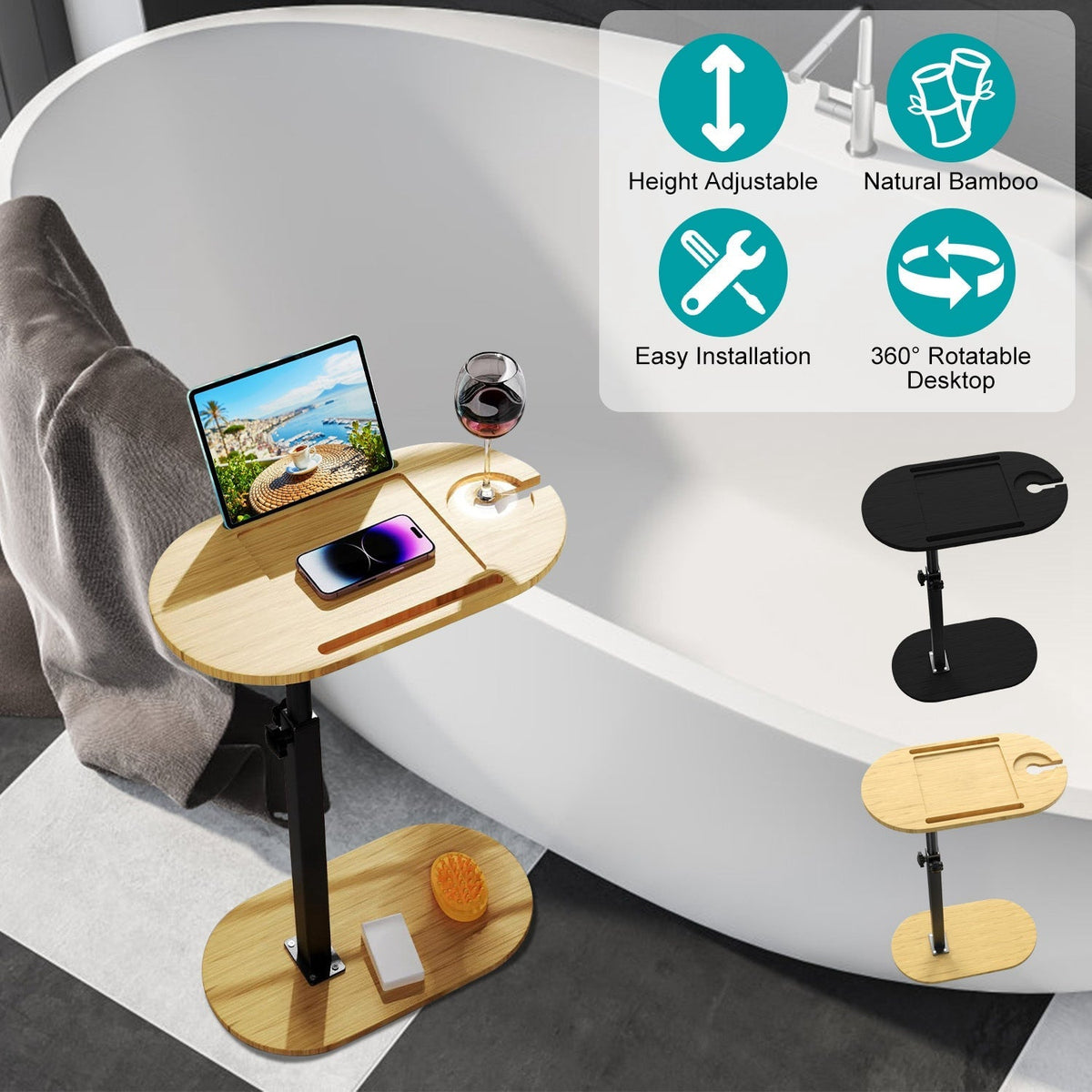 C-Shaped Bathtub Tray Table With Adjustable Height 360¡ Rotatable Desktop Freestanding Bath Caddy Against Wall Couch Bed Sofa Side Table GBruno Store
