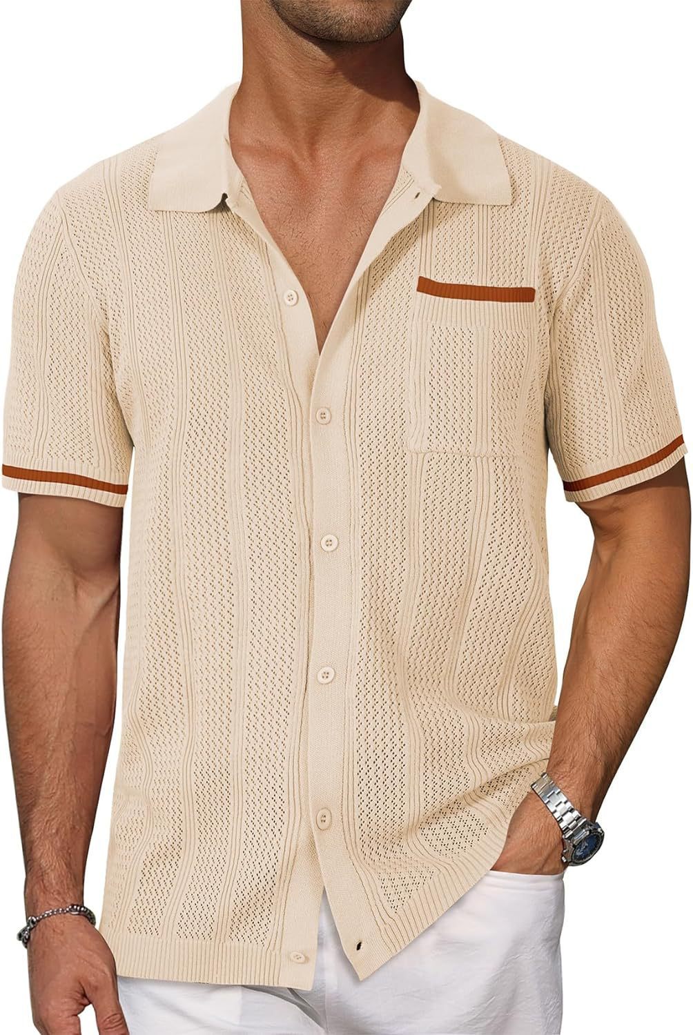 Men's Short Sleeve Pocket Hollow Summer Cardigan