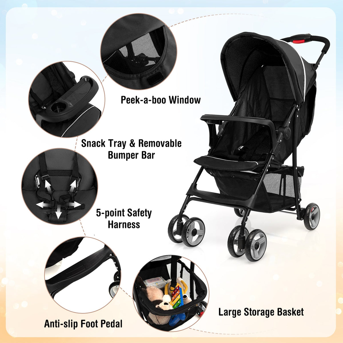 Toddler Travel Stroller for Airplane with Canopy and Adjustable Backrest-Black GBruno Store