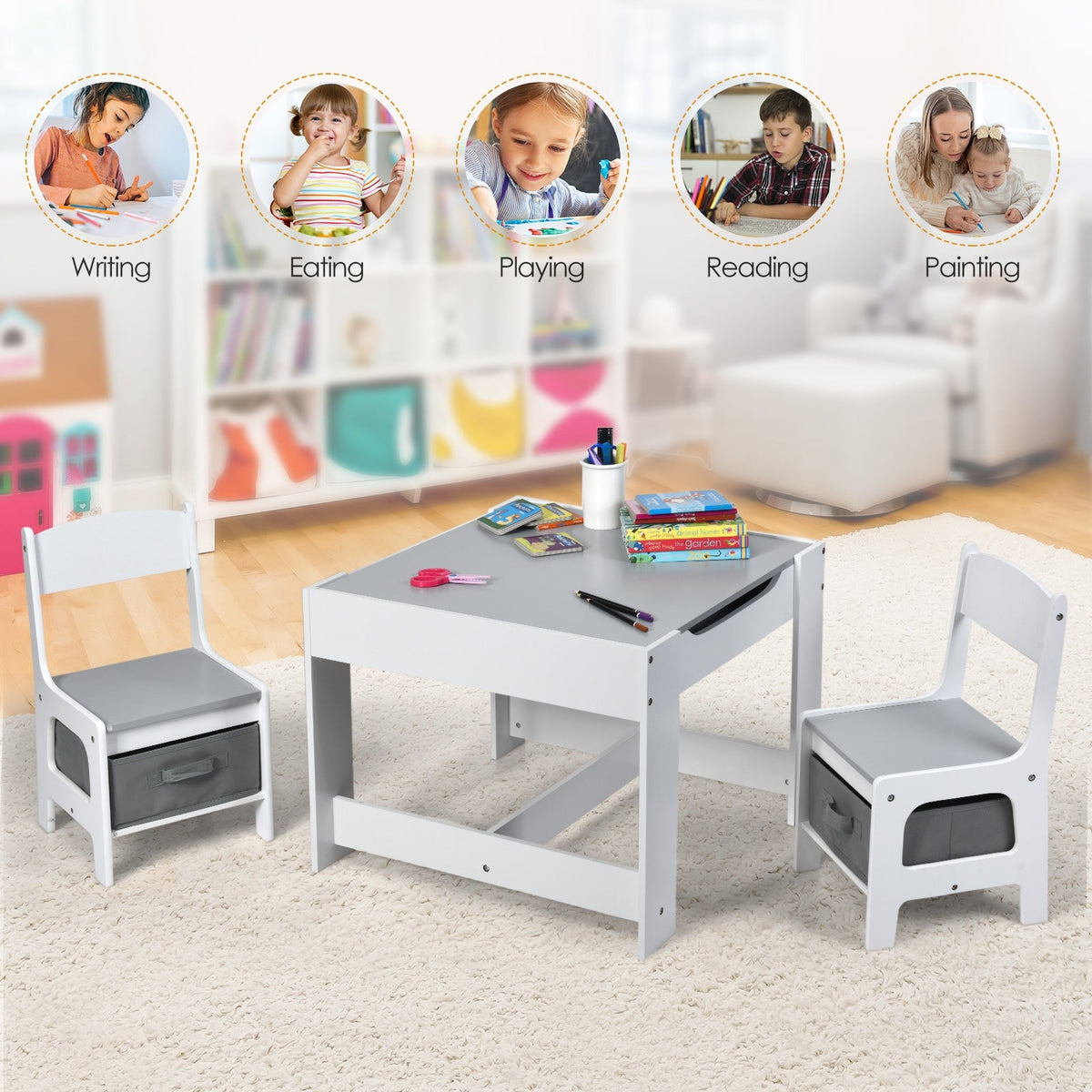 Kids Table Chairs Set With Storage Boxes Blackboard Whiteboard Drawing-White GBruno Store