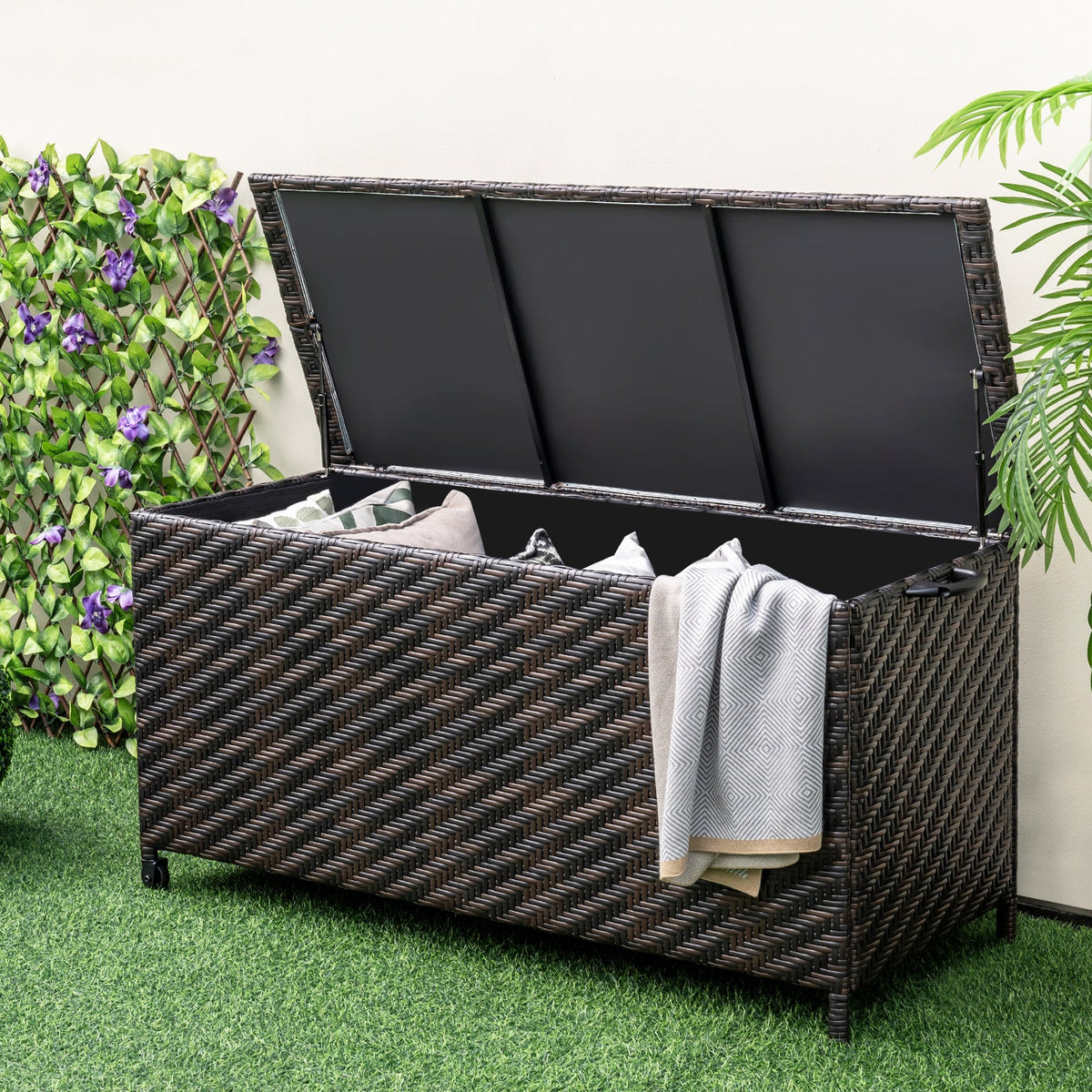 85 Gallon Outdoor Storage Box with Removable Liner and Universal Wheels