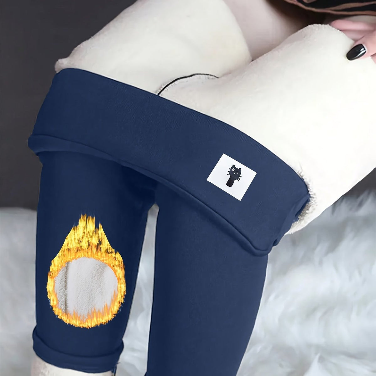 Womens High-Waisted Embroidered Cat Fleece-Lined Leggings