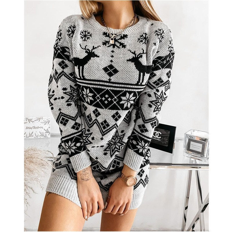Elk Snowflake Knitted Dress, Long Sweater