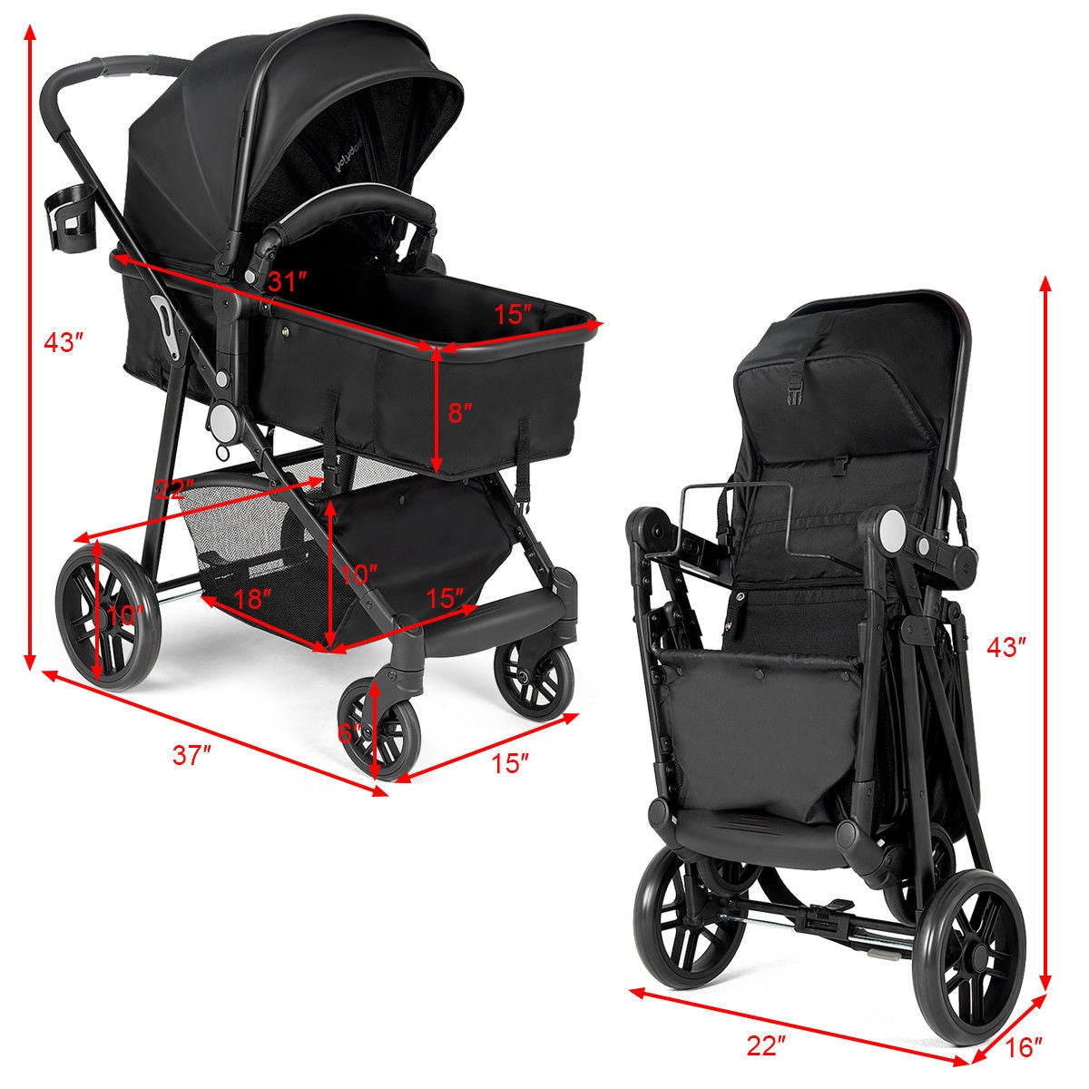 2-in-1 Foldable Pushchair Newborn Infant Baby Stroller