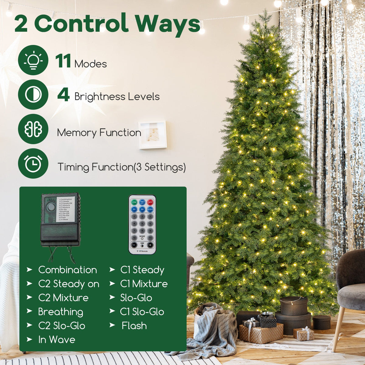 6/7.5 Feet Pre-Lit Artificial Christmas Tree with 11 Modes and Metal Stand