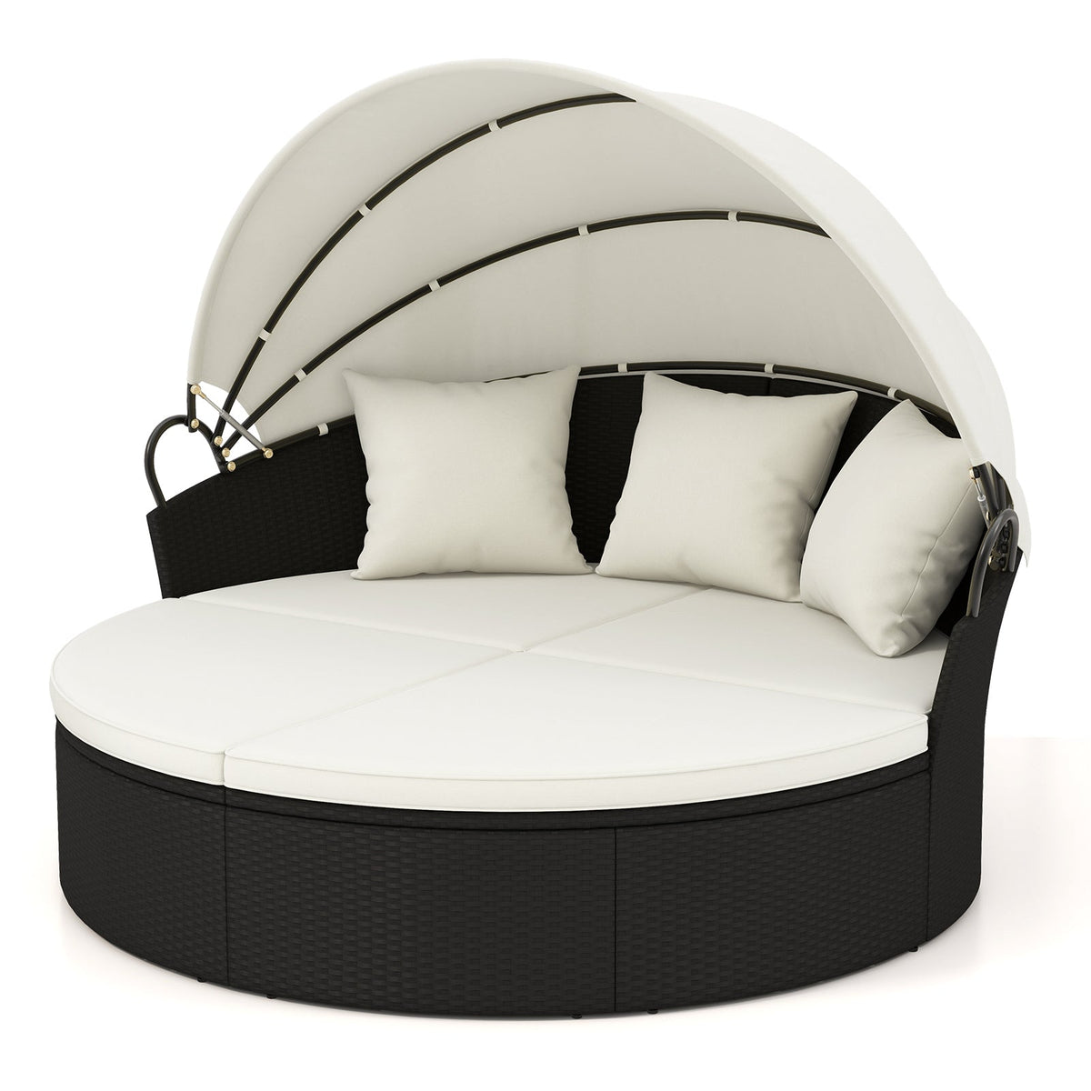 Clamshell Patio Round Daybed Wicker with Retractable Canopy and Pillows