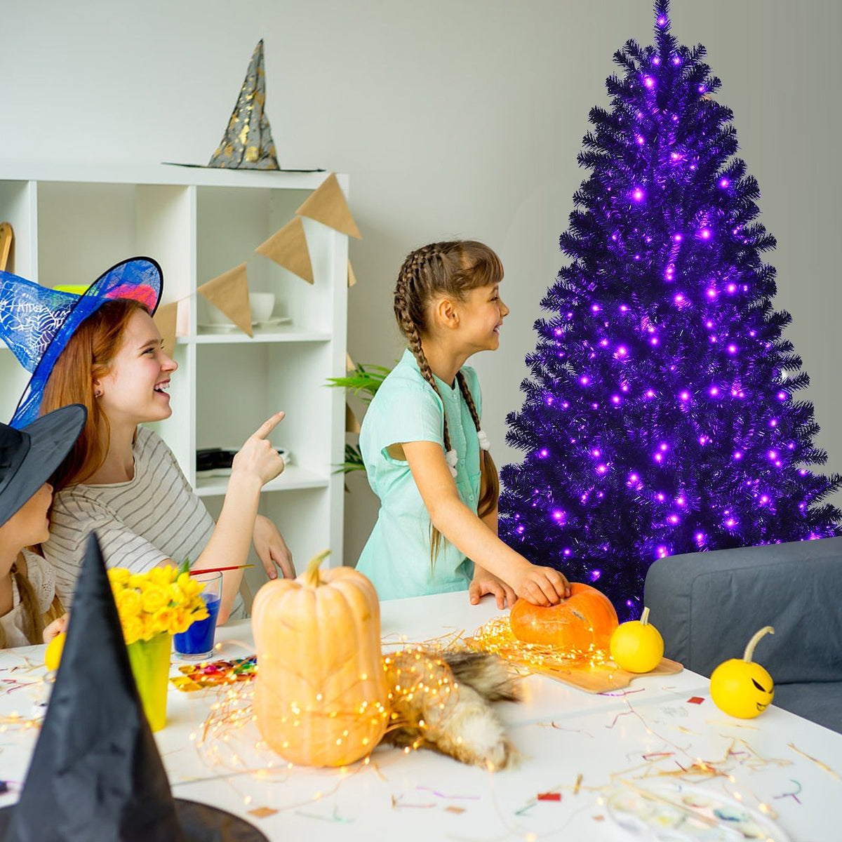 Black Artificial Christmas Halloween Tree with Purple LED Lights DirectDeals