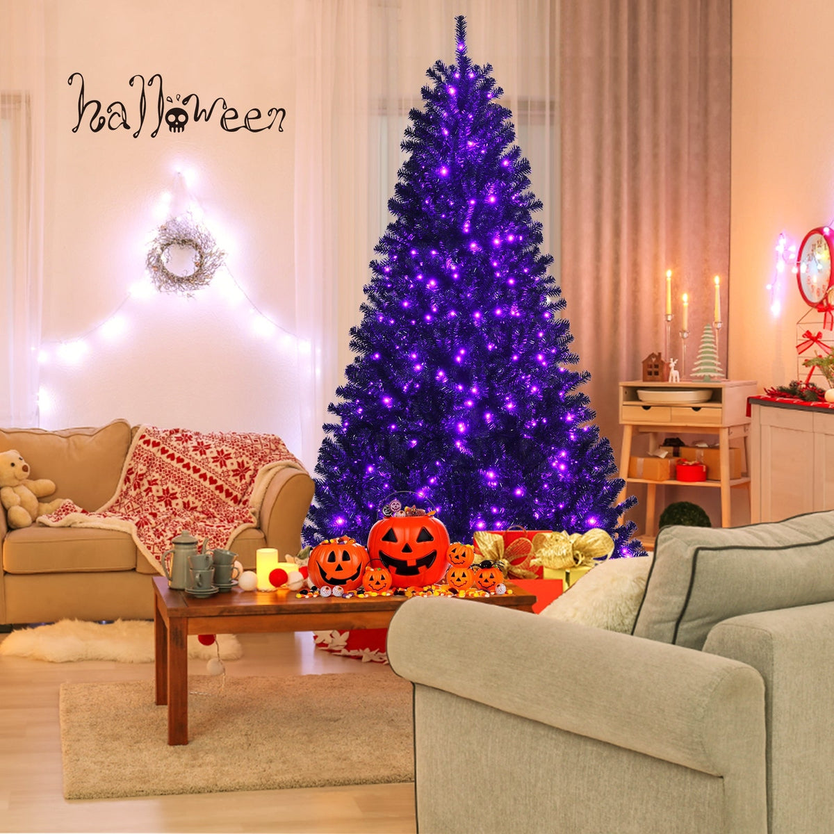Black Artificial Christmas Halloween Tree with Purple LED Lights DirectDeals
