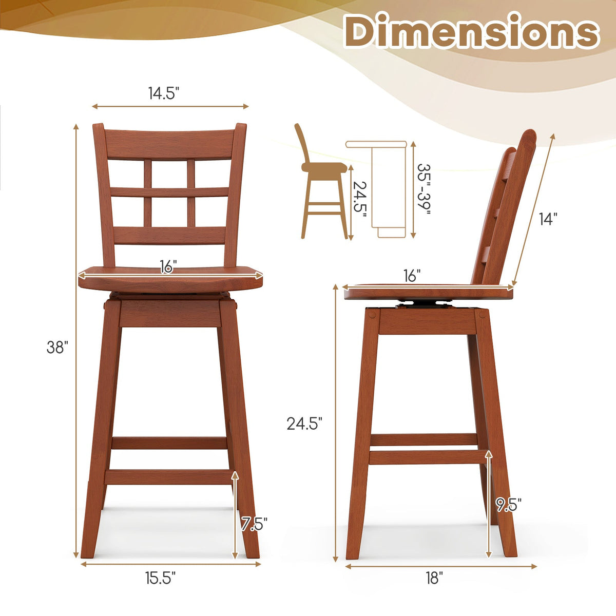 Counter Height Barstools Set of 2 with 6-Grid Hollow Back and Seat
