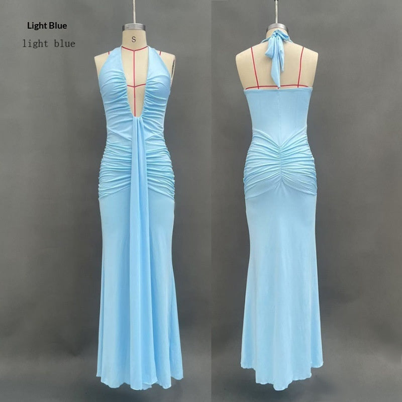 Solid Color Elegant Halter Deep V Waist-slimming Long Dress