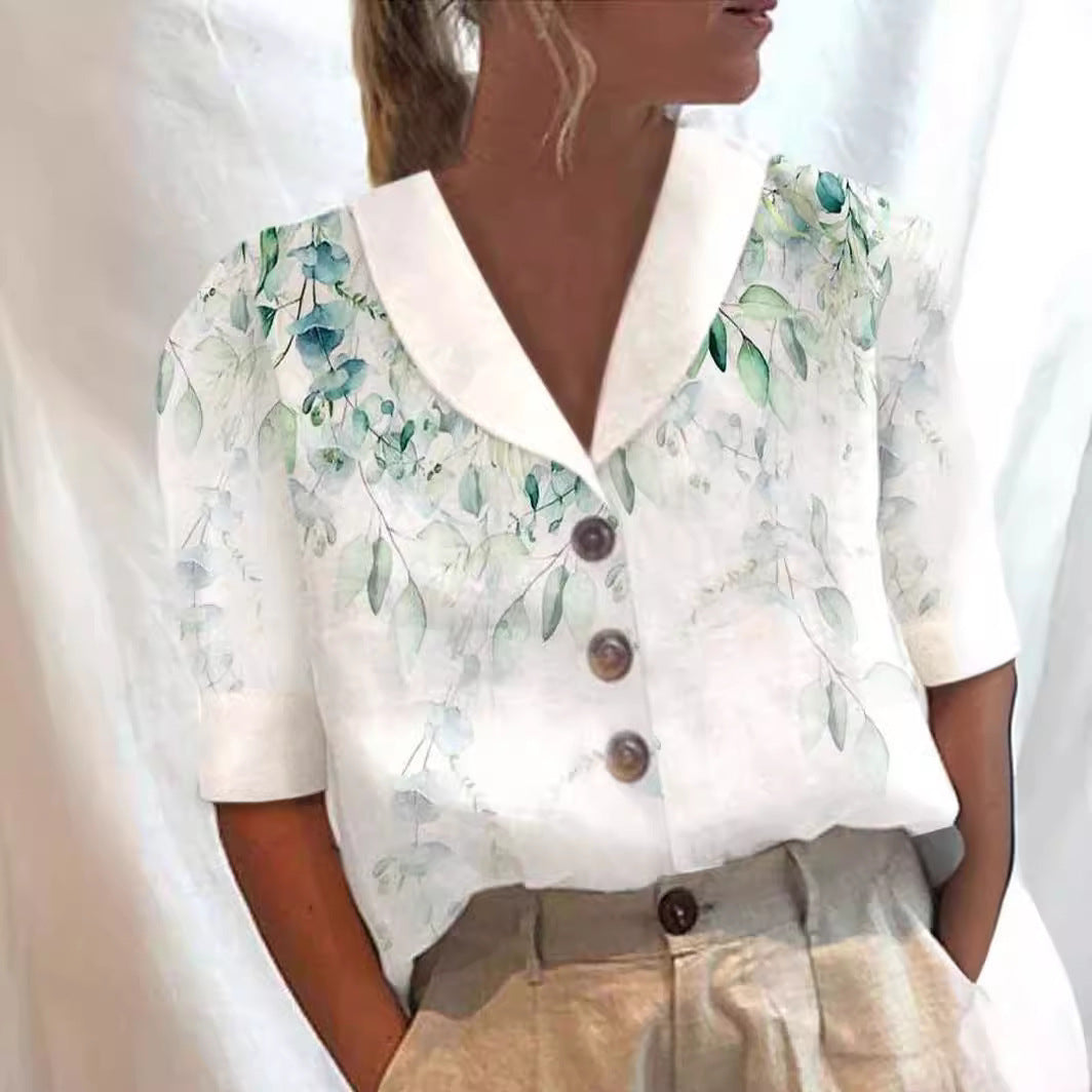 Women's Stand Collar Printed Cotton-Linen Shirt