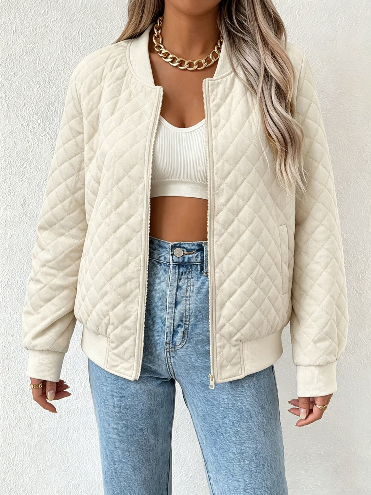 Women Woven Quilted Bomber Jacket Zip Up Stand Collar Lightweight Outerwear My Store