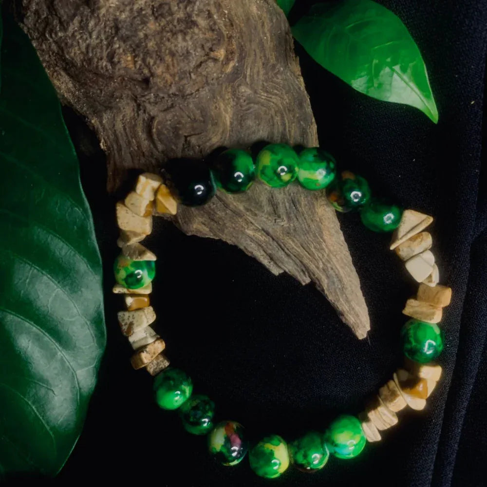 Bark Agate and Black Green Stone Chip Bracelet, Stretch Bracelet