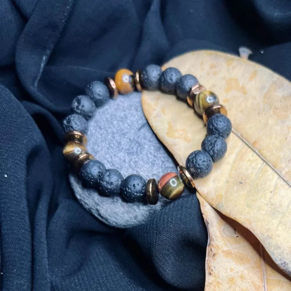 Black Lava & Tiger Eye Stone Bracelet with Copper Spacer