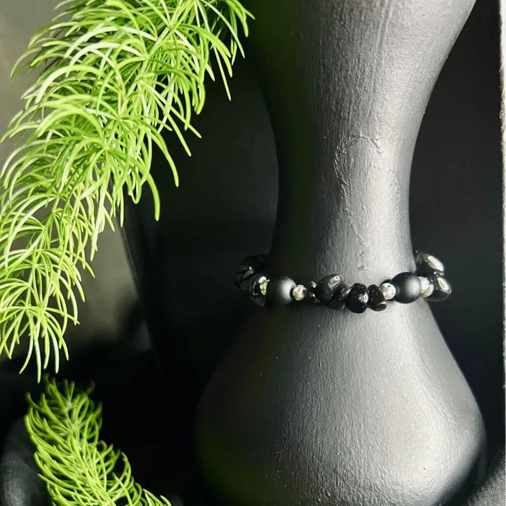 Boho Bracelet, Black Polished Stone Chip Bracelet  Natural Stone