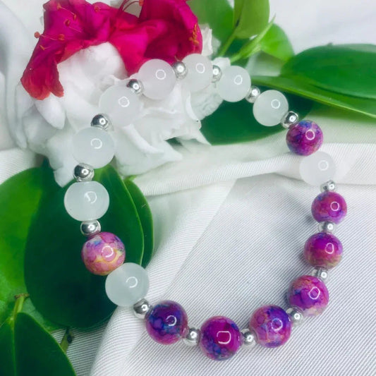 White and Purple Stone Bracelet with Silver Spacers, Stretch Bracelet