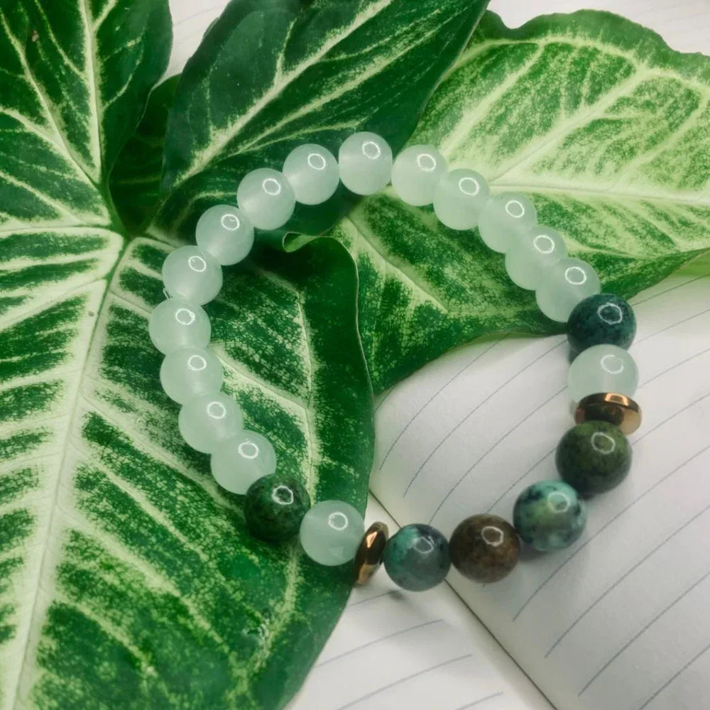 Green and White Agate Bead Bracelet with Copper Spacers