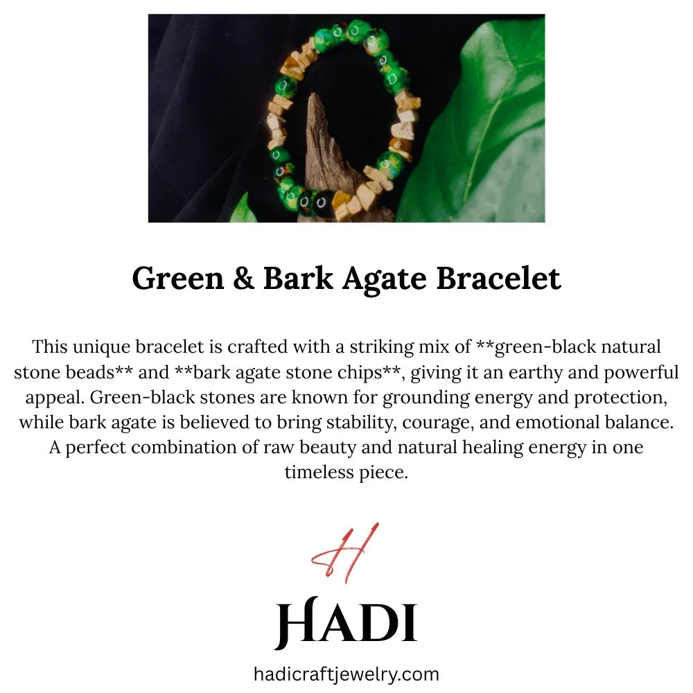 Bark Agate and Black Green Stone Chip Bracelet, Stretch Bracelet