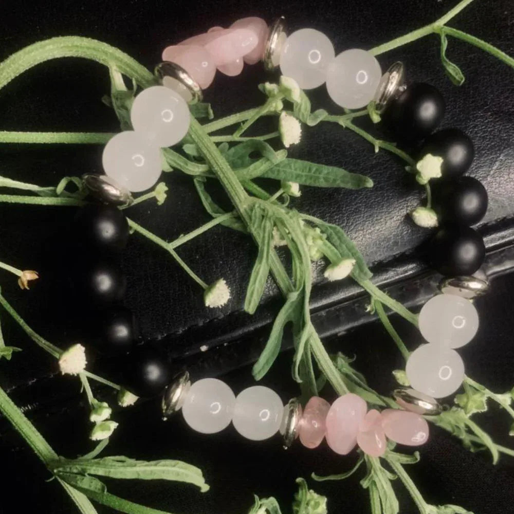 Natural Stone Beaded Bracelet – Black Onyx, White Jade