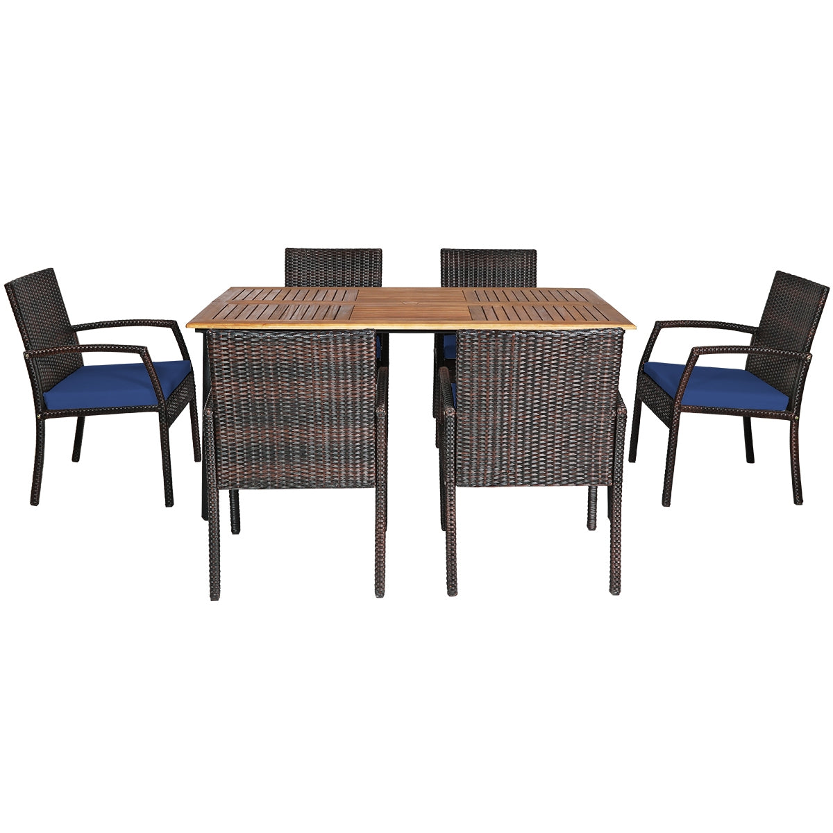 7Pcs Patio Rattan Cushioned Dining Set with Umbrella Hole