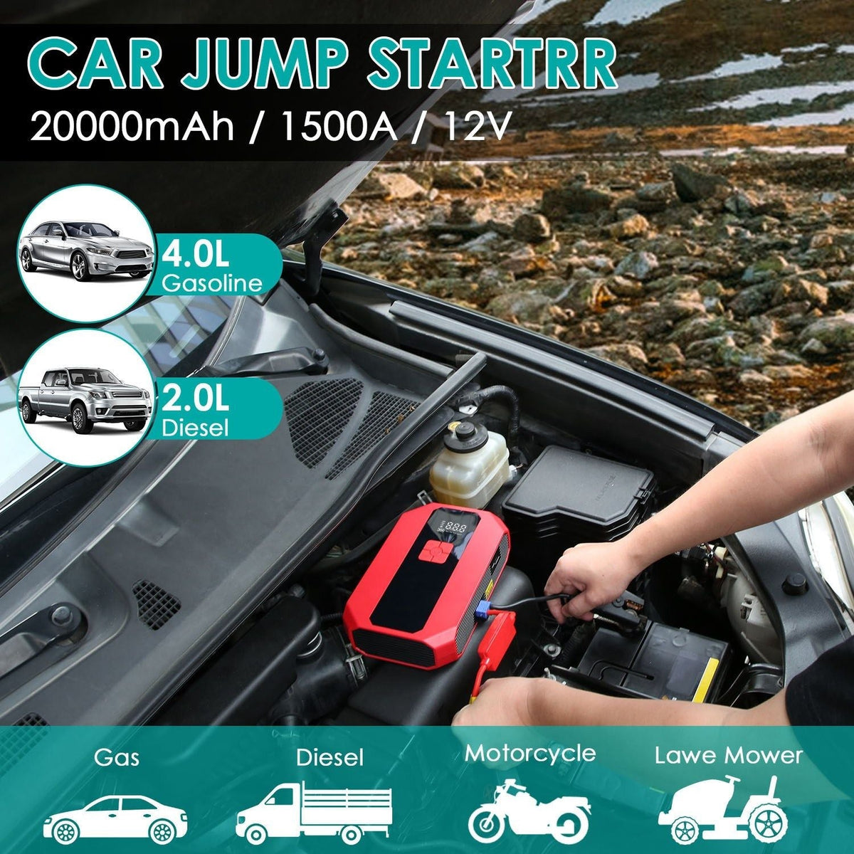 Portable Car Jump Starter Air Compressor 1500A 400PSI Car Battery Charger Jump Starter Power Bank LED Flashlight Digital Tire Inflator for 4.0L Gasoline Or 2.0L Diesel Engine
