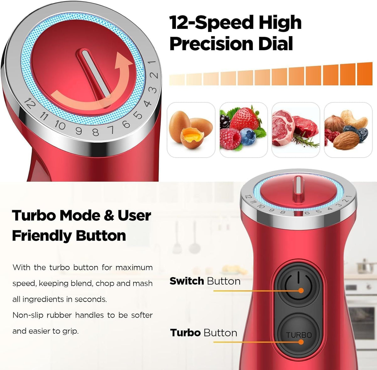 KOIOS 5-in-1 Hand Immersion Blender, 1000W 12 Speed Handheld Blender, Copper Motor Stainless Steel Blade Stick Blender,600ml Mixing Beaker,500ml Food Processor, Whisk, Milk Frother, B PA-F ree, Red