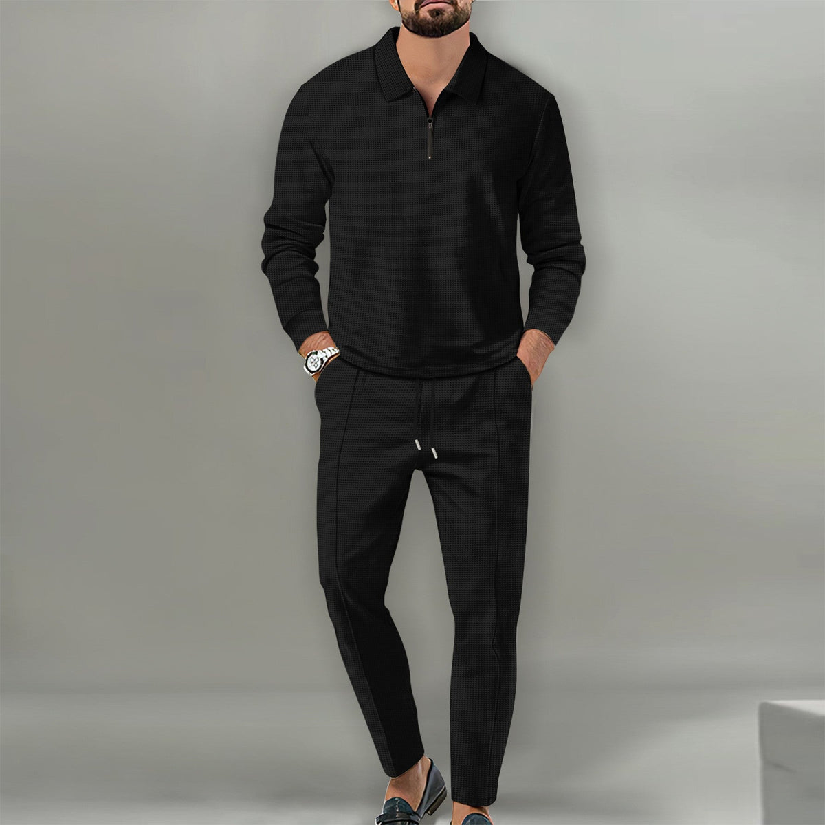 Waffle Solid Color Zipper Long Sleeve Trousers Suit Men