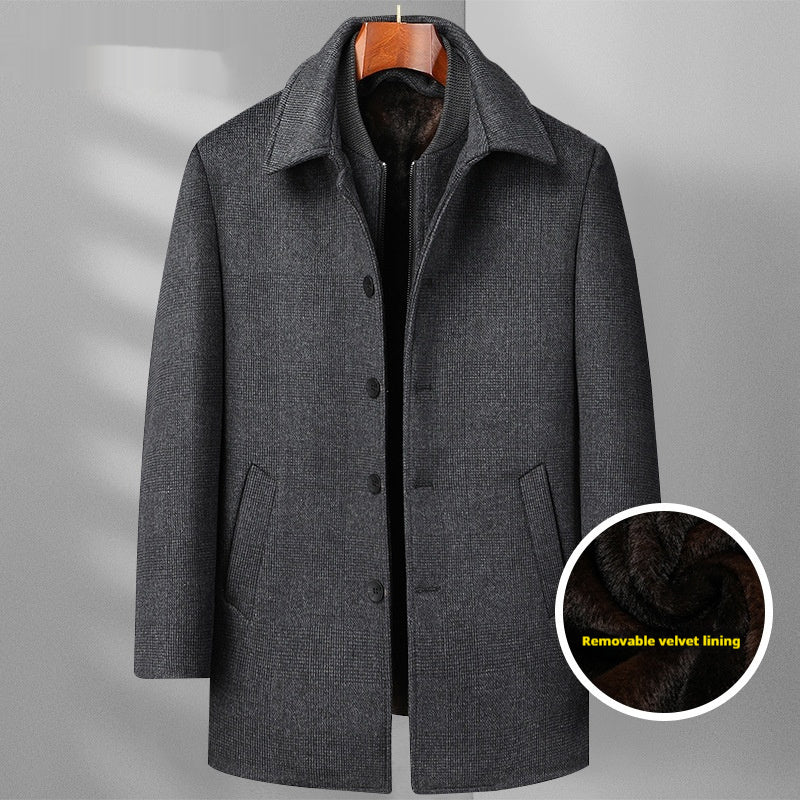 Men's Woolen Coat Mid-length Fleece Plaid Detachable Double Collar