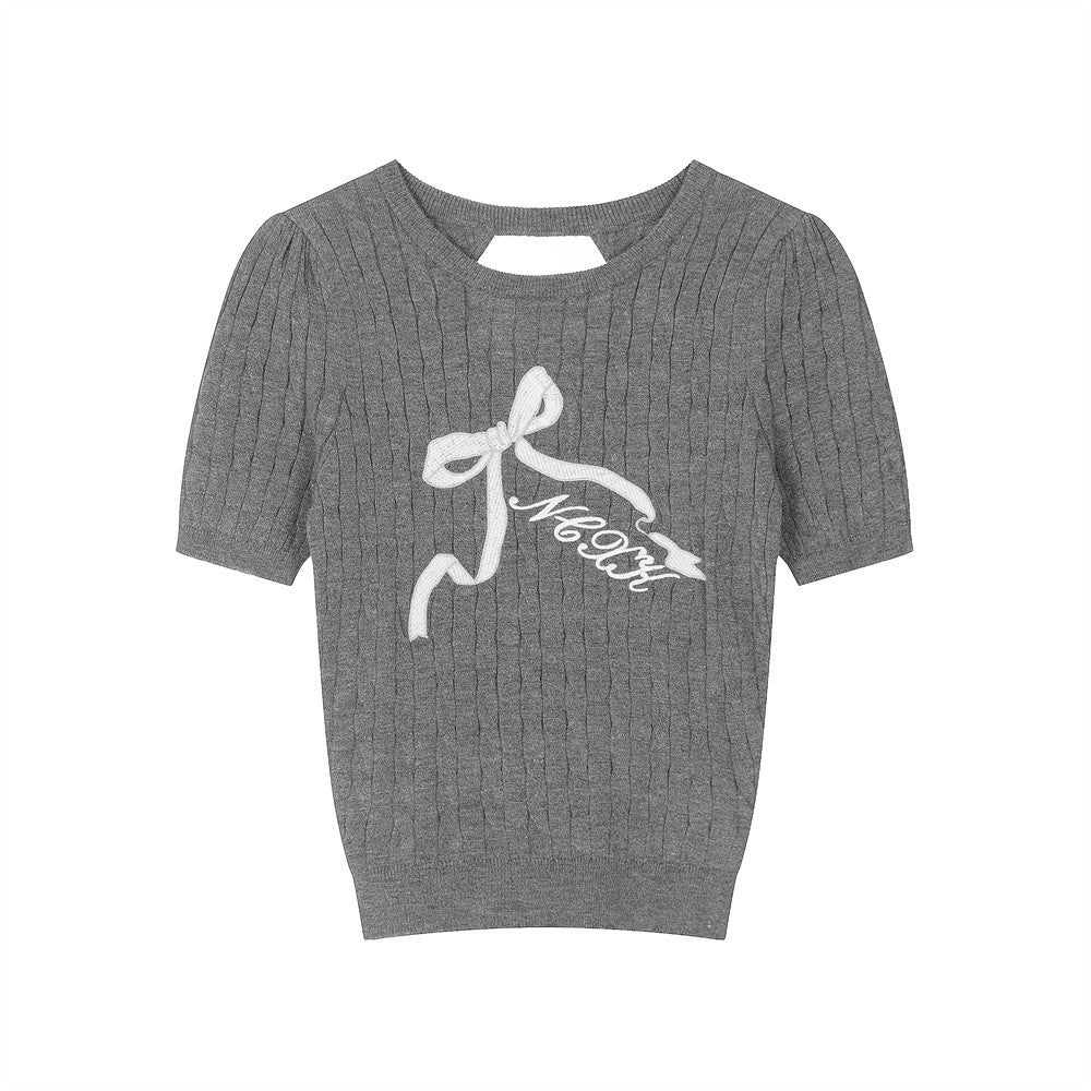 Bow Embroidered Hollow-Out Short Sweater