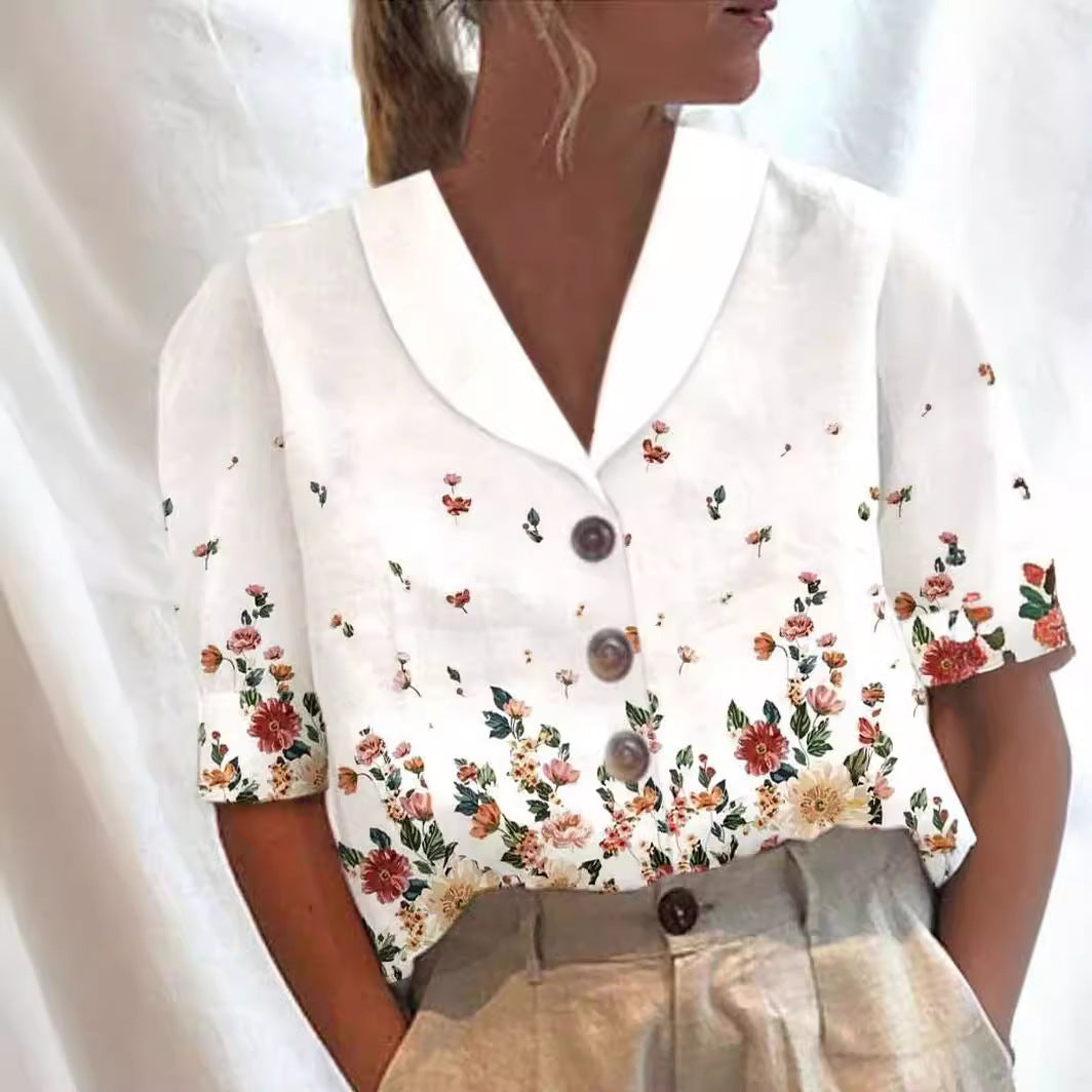 Women's Stand Collar Printed Cotton-Linen Shirt