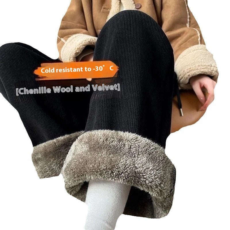 Fleece-lined Thickening Wide Leg Pants Women