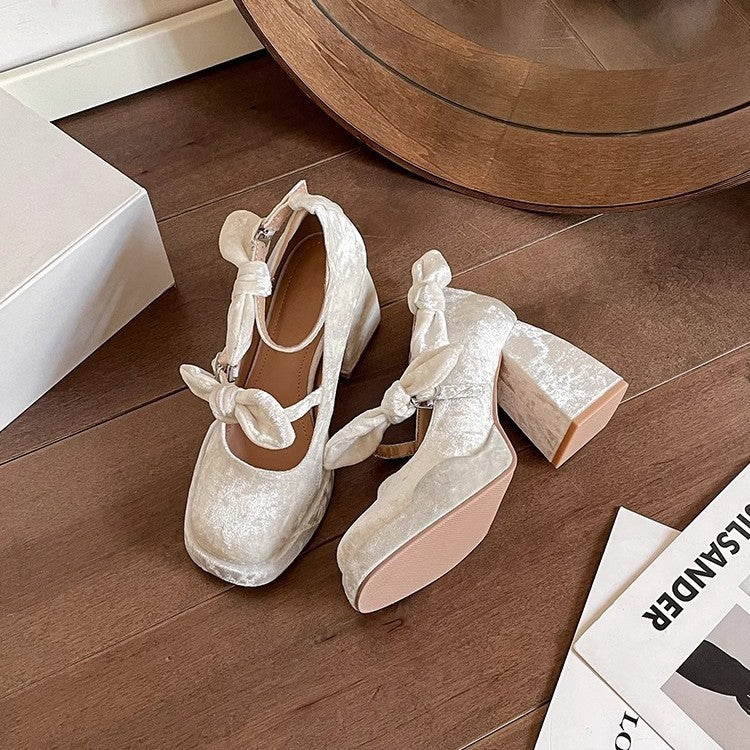 Gentle Chunky Heel Waterproof Platform High Heels Bow Pumps